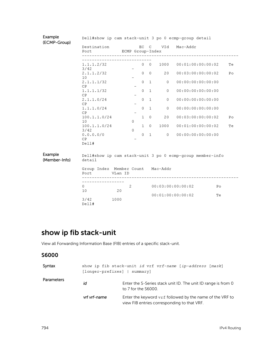 Dell 9.7(0.0) manual Show ip fib stack-unit, Example ECMP-Group Example Member-Info, Ec C, VId Mac-Addr 