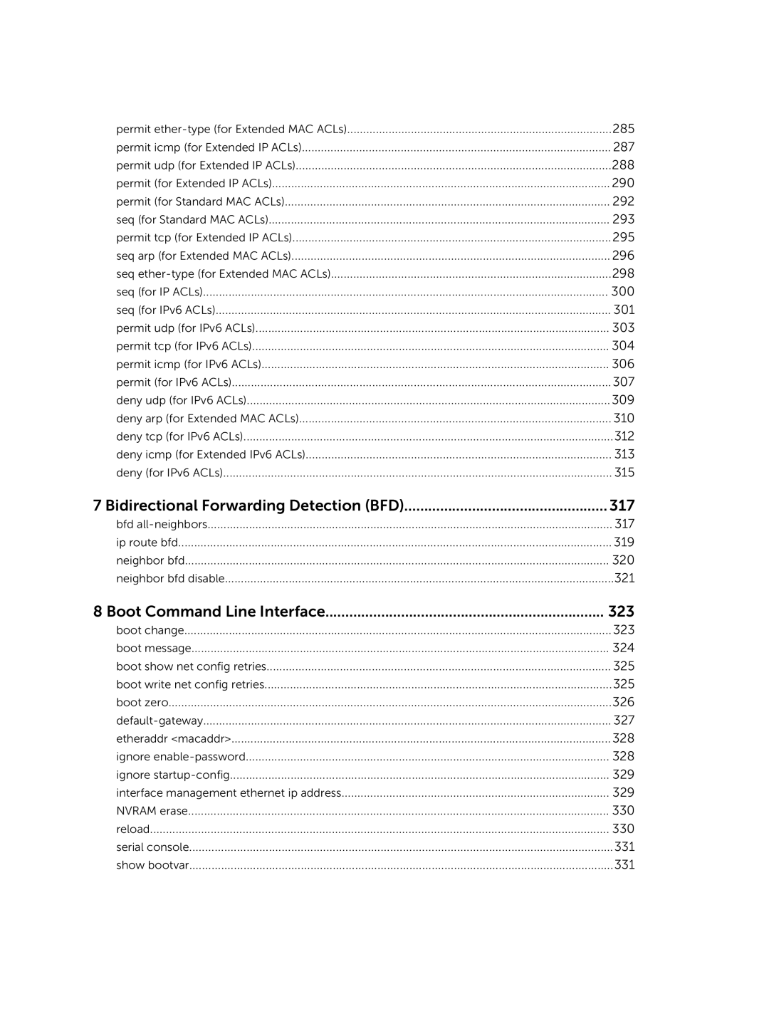 Dell 9.7(0.0) manual Bidirectional Forwarding Detection BFD 317, Boot Command Line Interface 323 