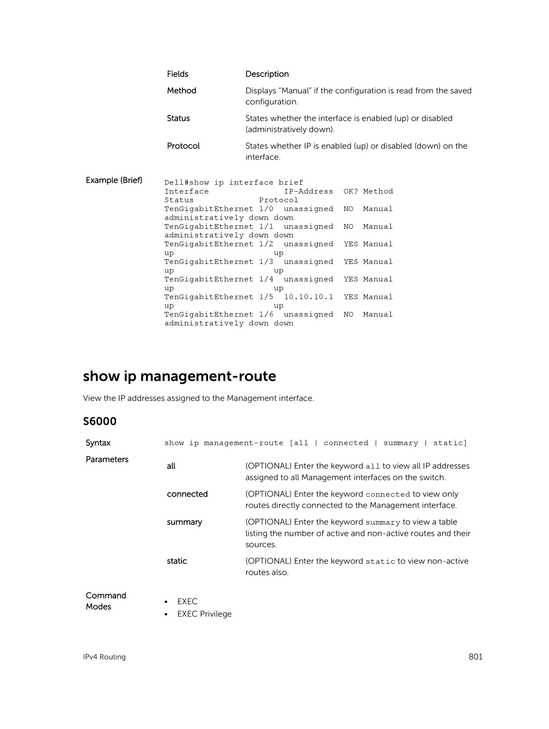 Dell 9.7(0.0) manual Show ip management-route, Fields Description Method, Example Brief 