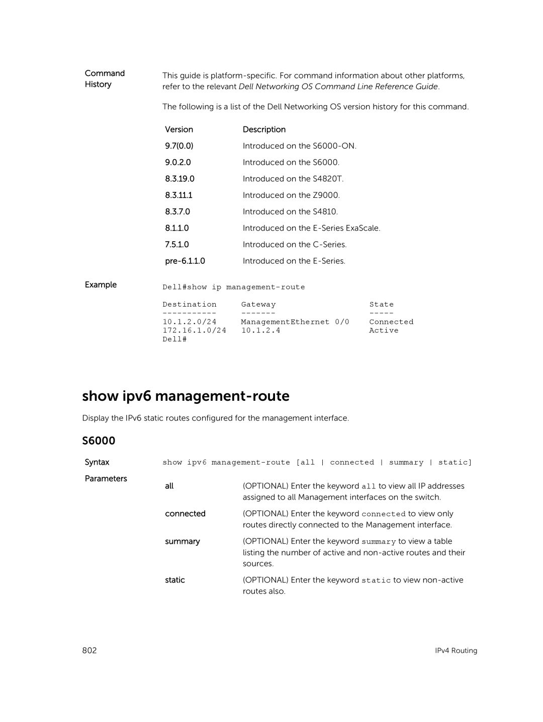 Dell 9.7(0.0) manual Show ipv6 management-route, Command History Example 