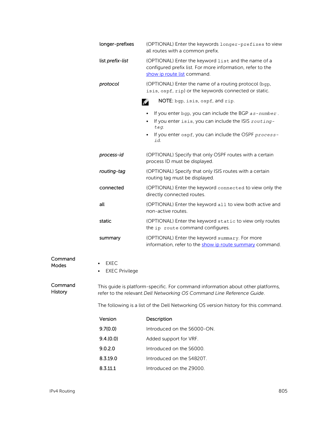 Dell 9.7(0.0) manual Command Modes Command History Longer-prefixes, List prefix-list, Routing-tag 