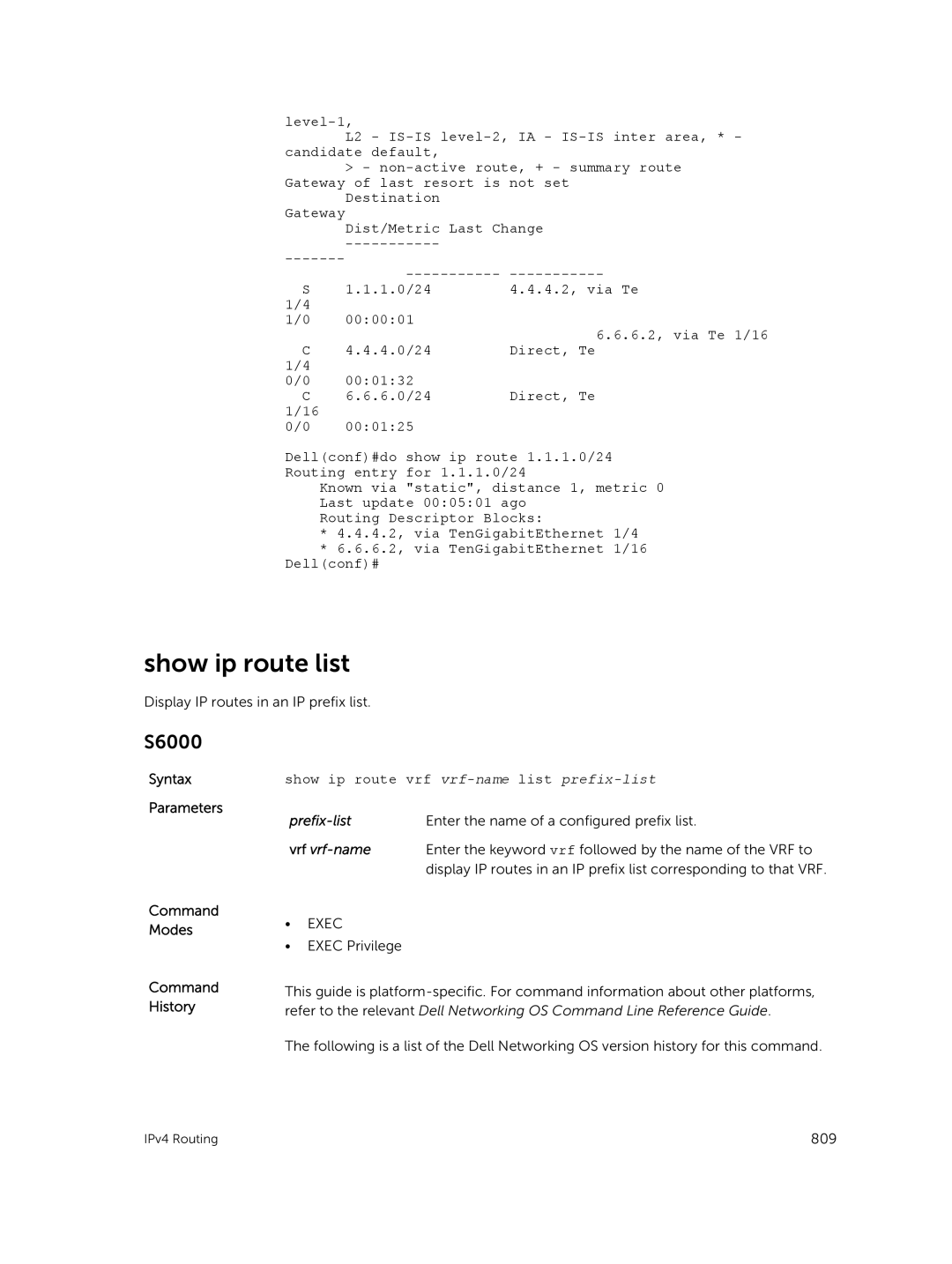 Dell 9.7(0.0) manual Show ip route list, Show ip route vrf vrf-namelist prefix-list 