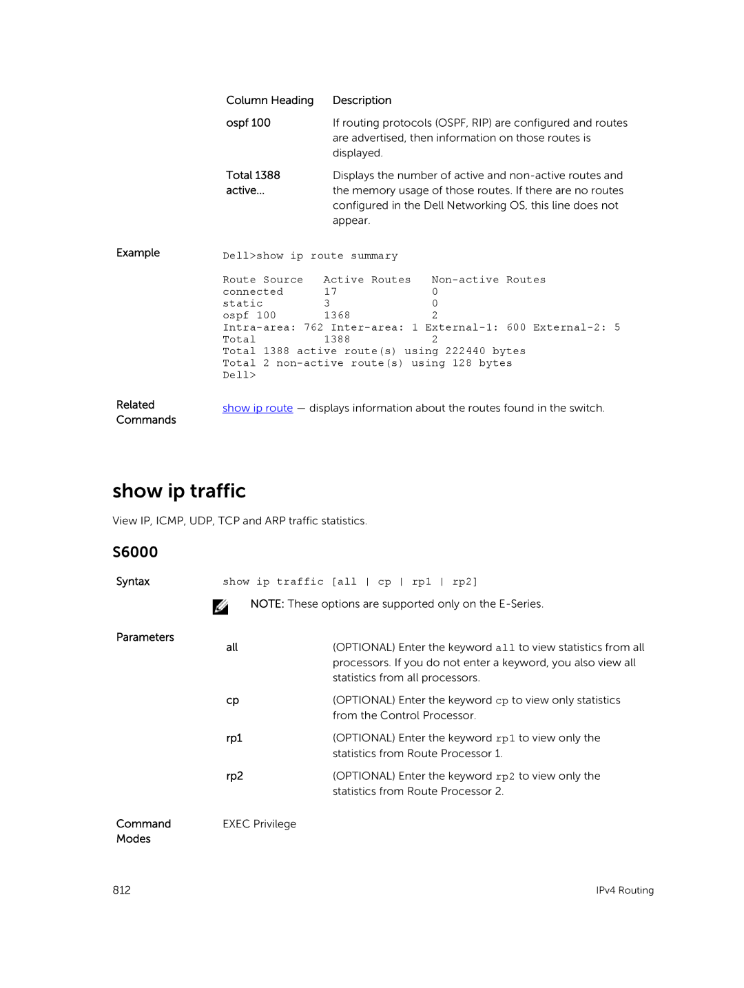 Dell 9.7(0.0) manual Show ip traffic, Example Related Commands Column Heading Description Ospf, Active, Parameters All 