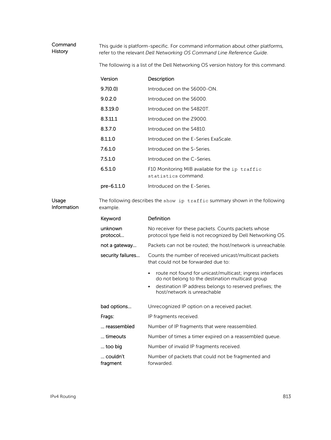 Dell 9.7(0.0) manual Keyword Definition Unknown, Not a gateway, Security failures, Bad options, Frags, Reassembled, Too big 