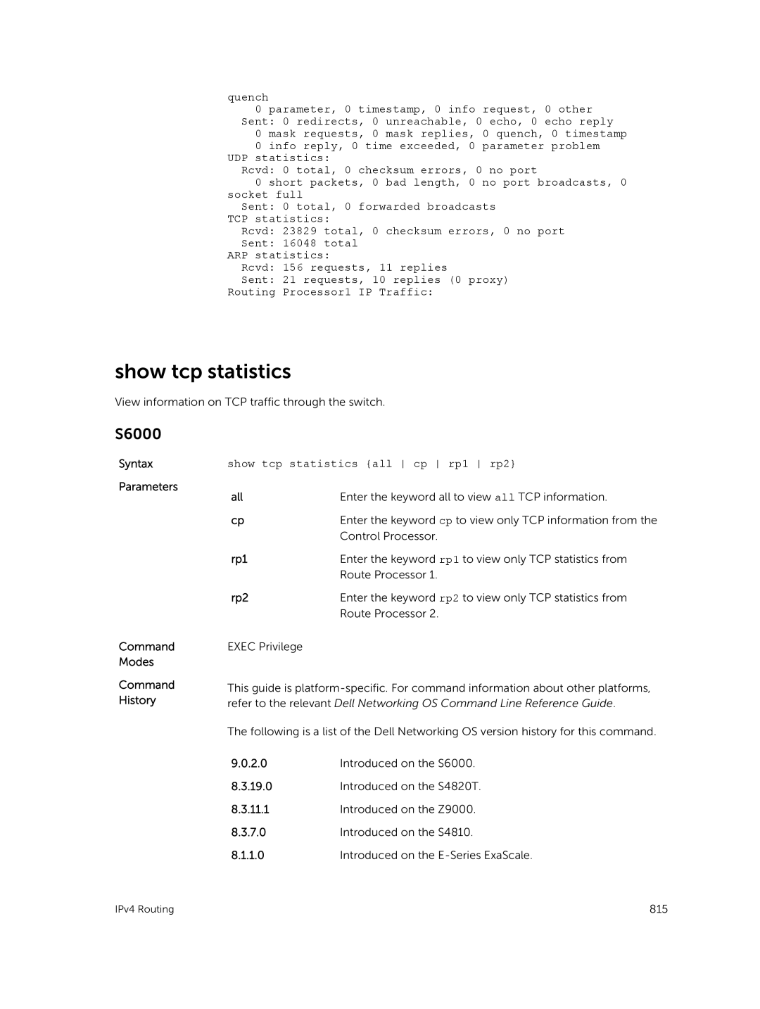 Dell 9.7(0.0) manual Show tcp statistics all cp rp1 rp2 