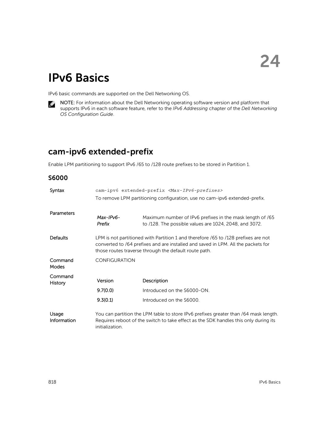 Dell 9.7(0.0) manual IPv6 Basics, Cam-ipv6 extended-prefix Max-IPv6-prefixes, Prefix 