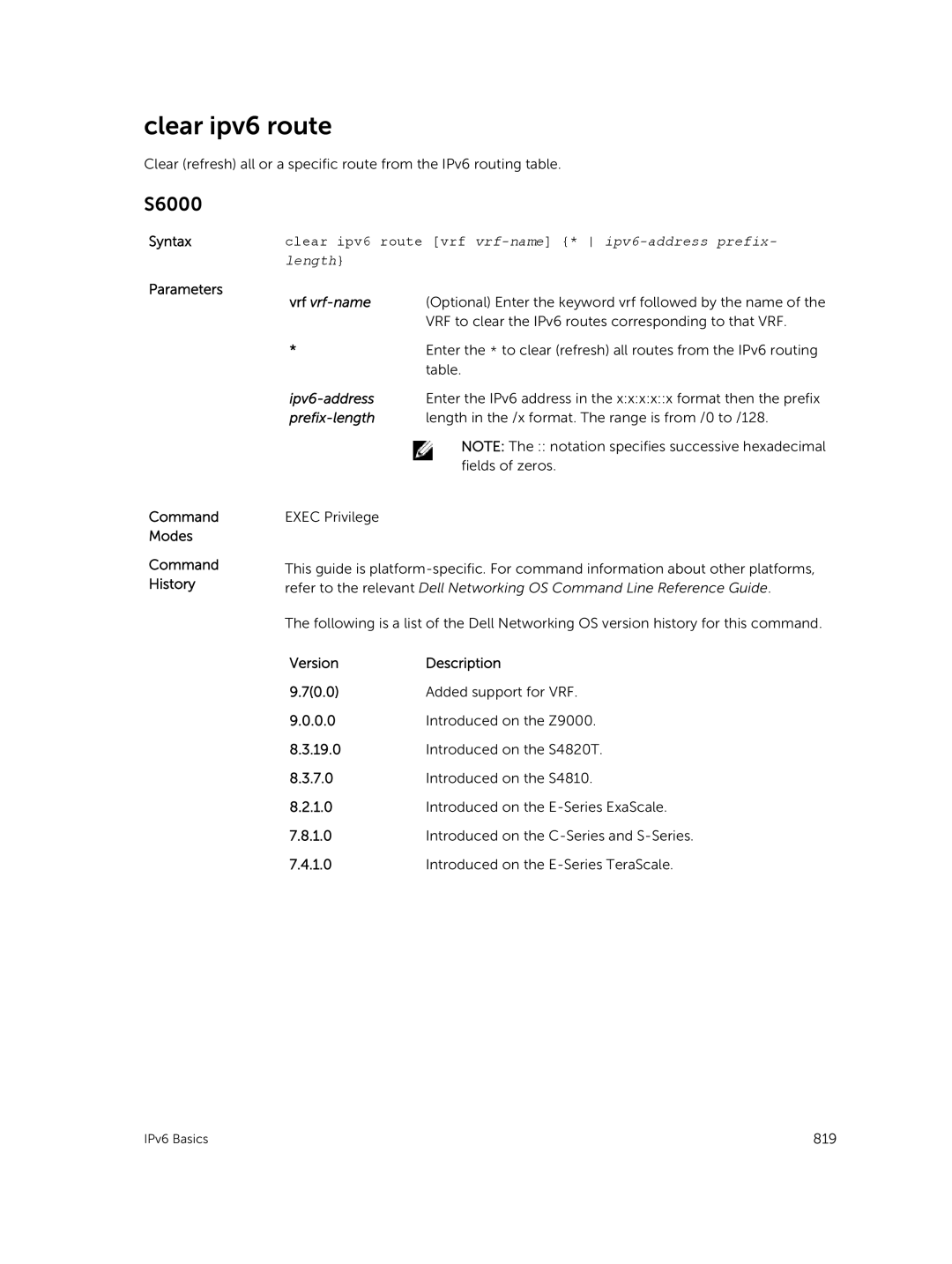 Dell 9.7(0.0) manual Clear ipv6 route vrf vrf-name * ipv6-address prefix- length 