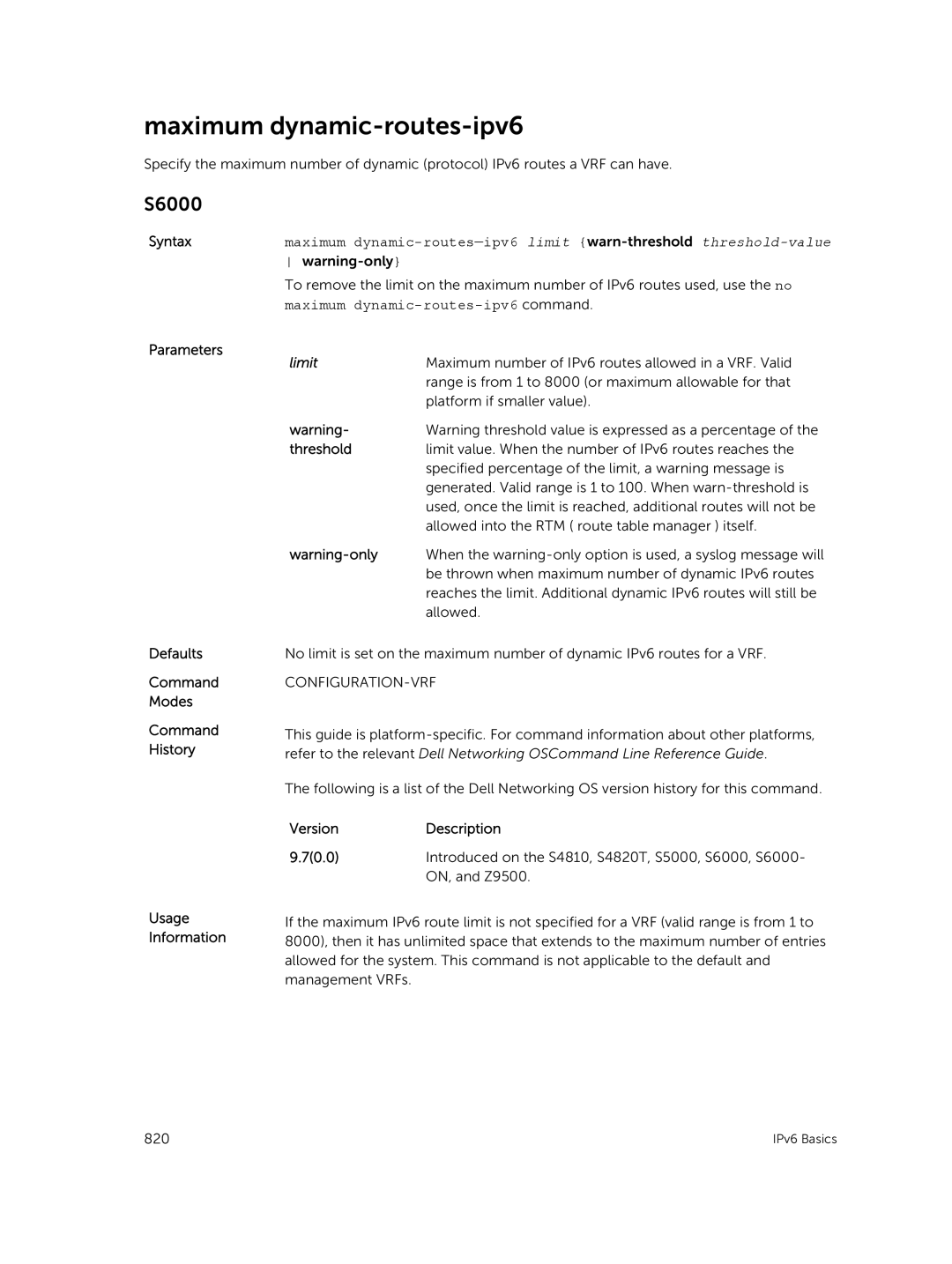 Dell 9.7(0.0) manual Maximum dynamic-routes-ipv6, Limit 