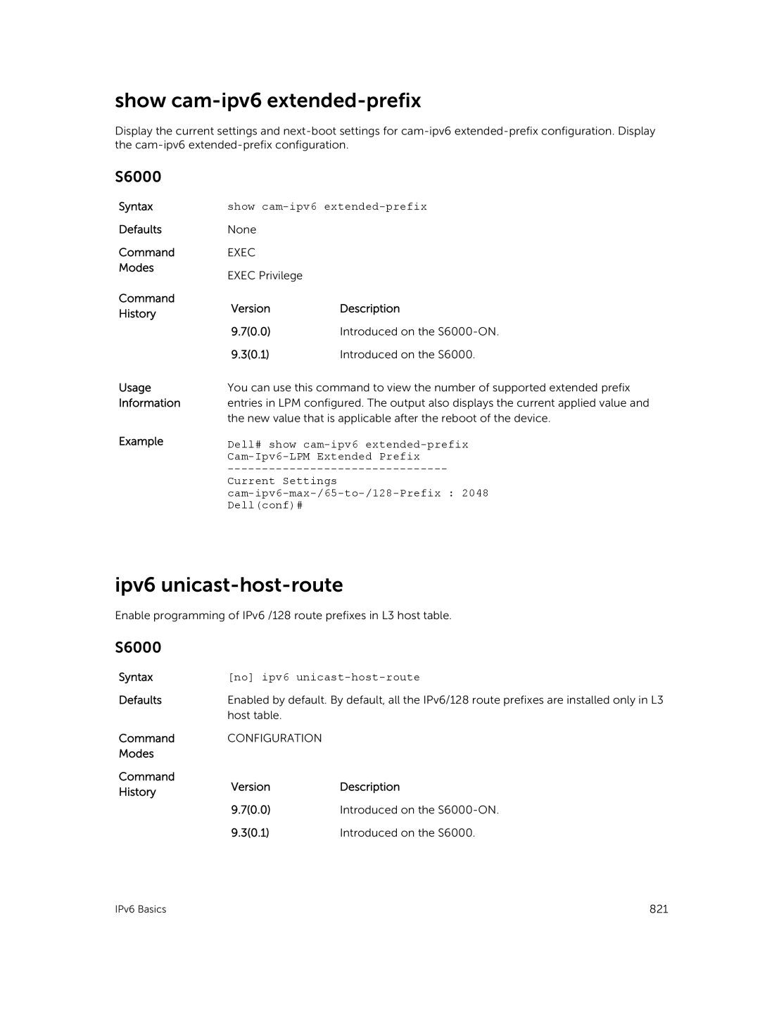 Dell 9.7(0.0) manual Show cam-ipv6 extended-prefix, Ipv6 unicast-host-route 