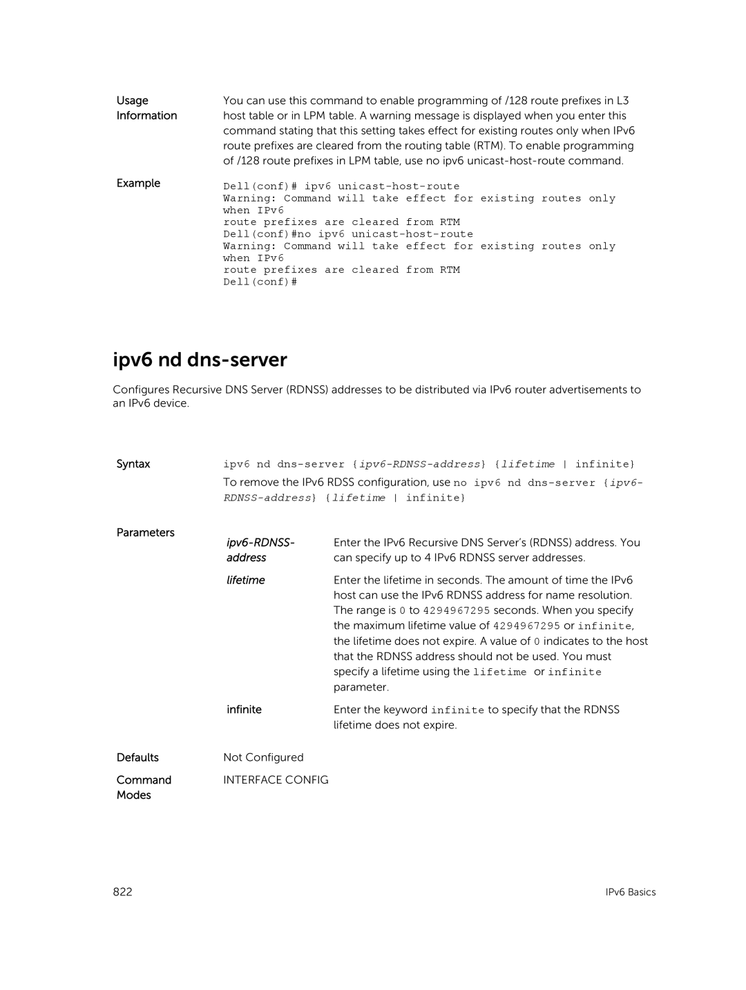 Dell 9.7(0.0) manual Ipv6 nd dns-server, Ipv6-RDNSS, Lifetime 