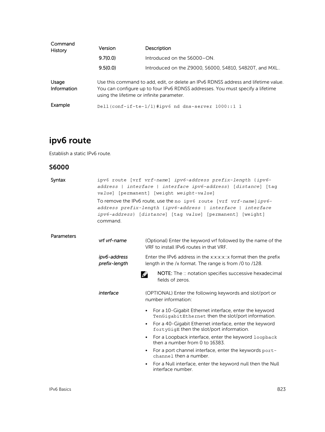 Dell 9.7(0.0) manual Ipv6 route, Dellconf-if-te-1/1#ipv6 nd dns-server 10001 