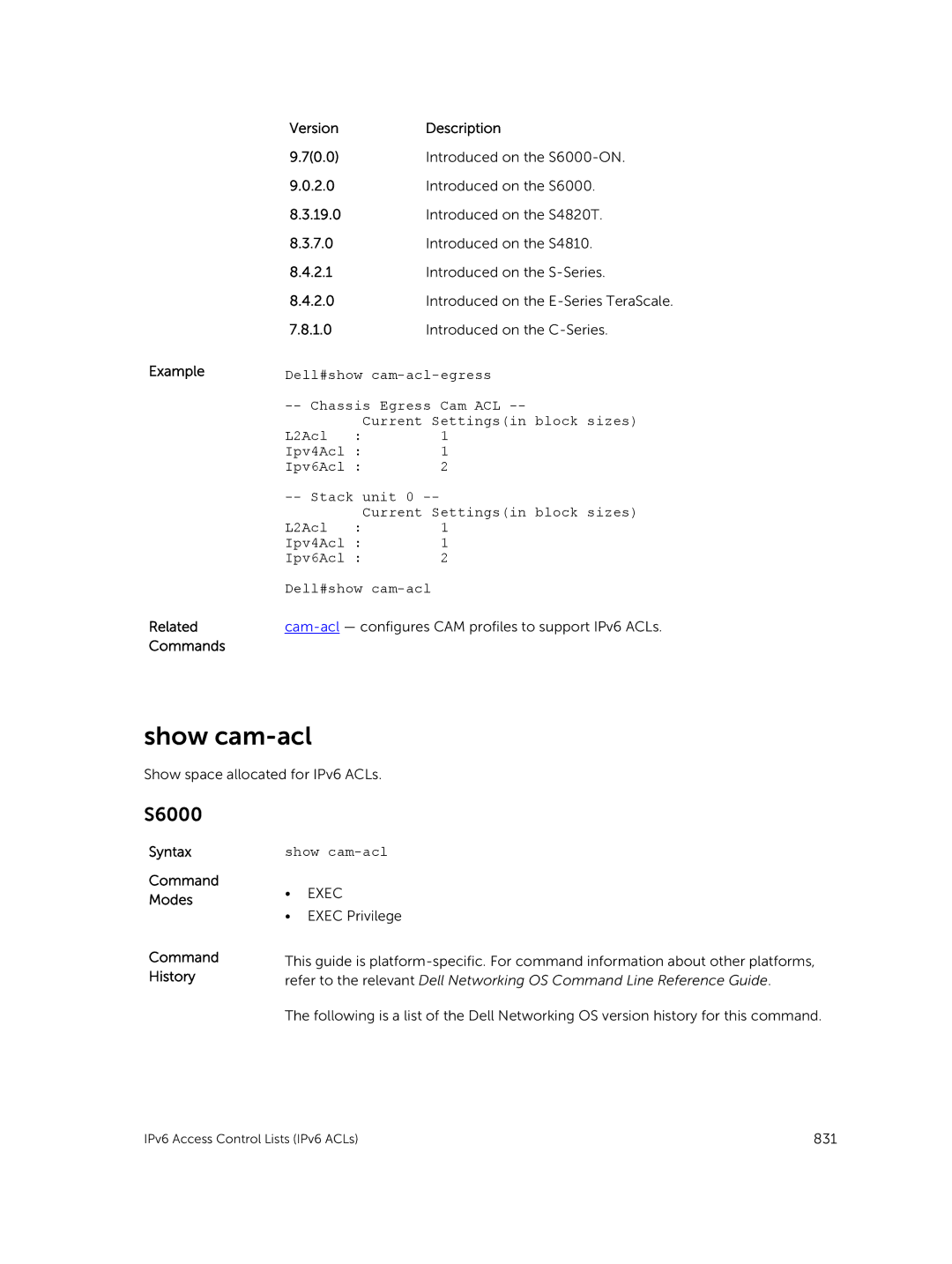 Dell 9.7(0.0) manual Show cam-acl, Example Related Commands VersionDescription 70.0 