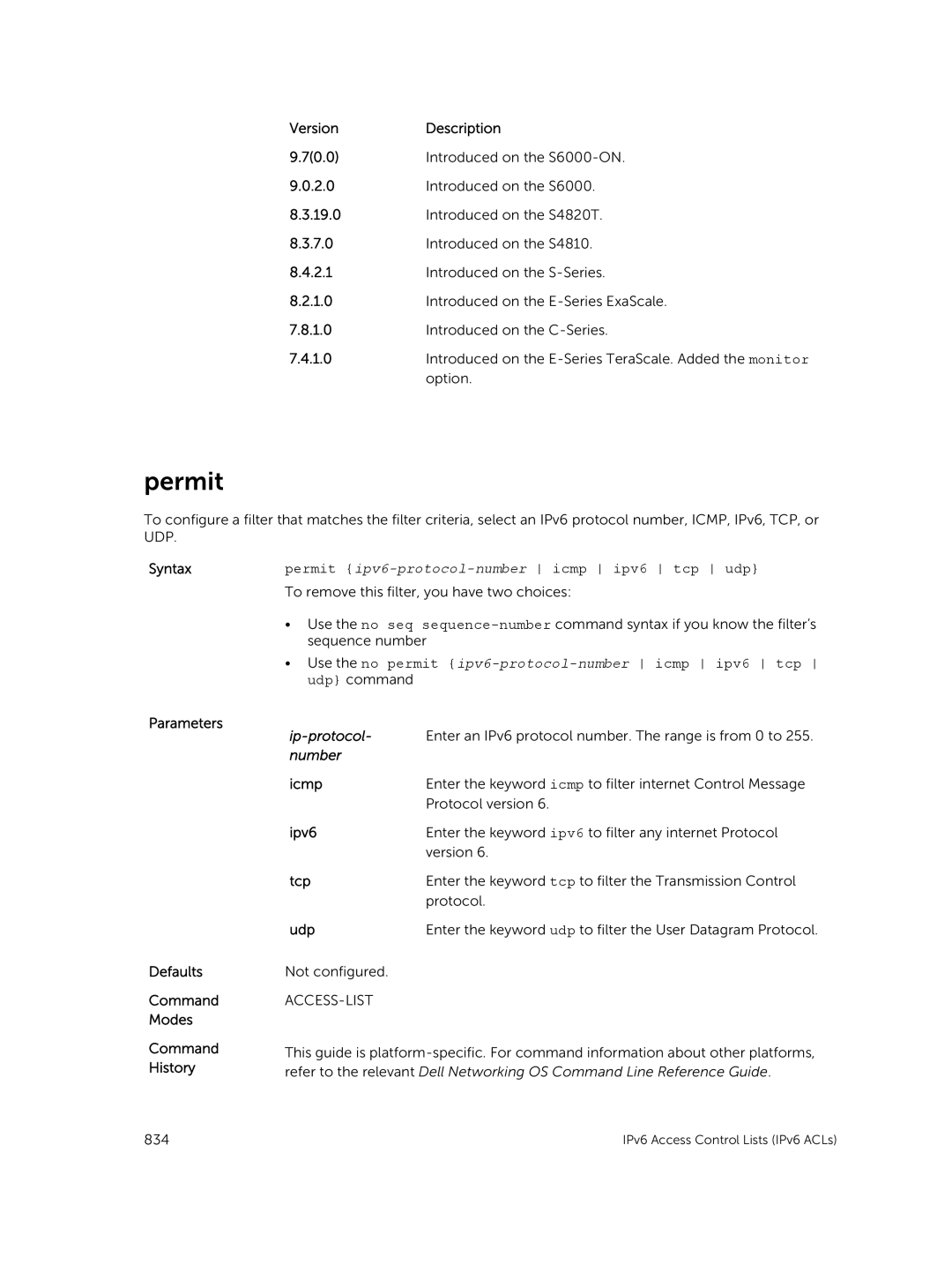 Dell 9.7(0.0) manual Permit, Syntaxpermit ipv6-protocol-number icmp ipv6 tcp udp 