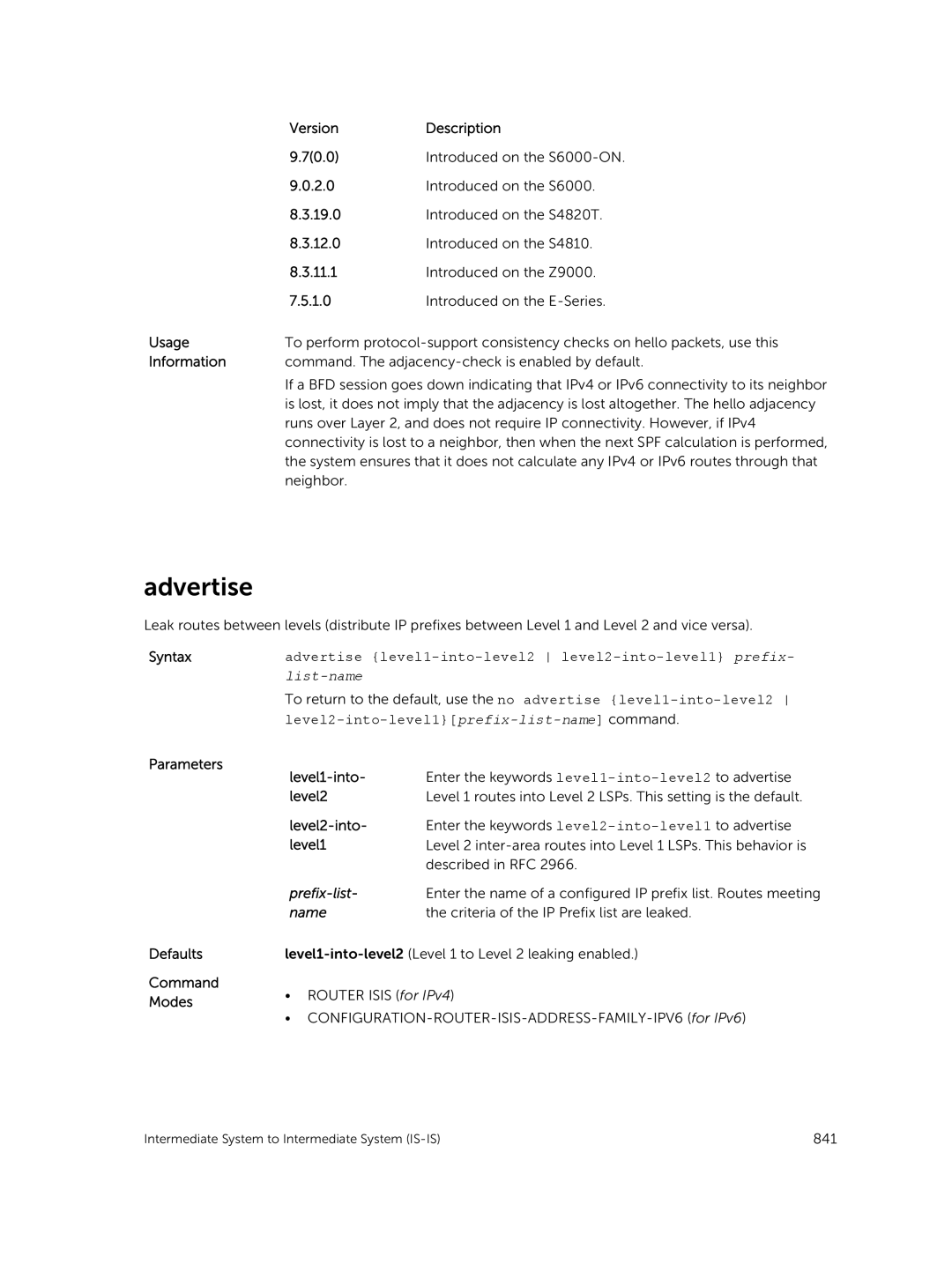 Dell 9.7(0.0) manual Advertise, Parameters Level1-into, Level2-into 