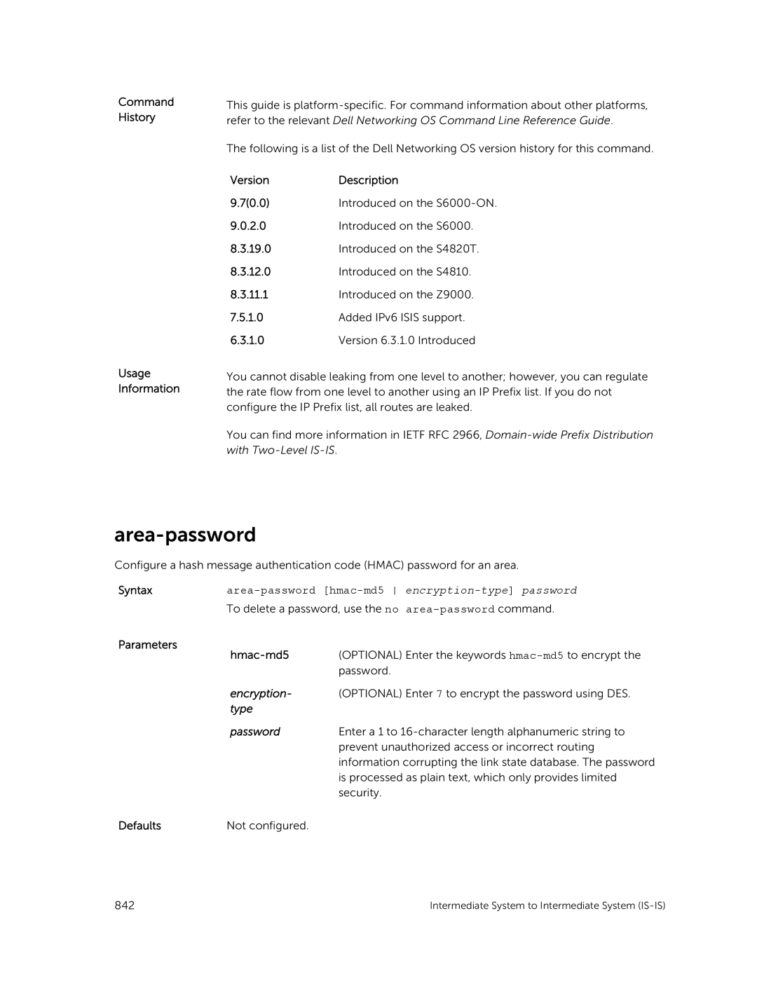 Dell 9.7(0.0) manual Area-password hmac-md5 encryption-type password, Parameters Hmac-md5, Type Password 