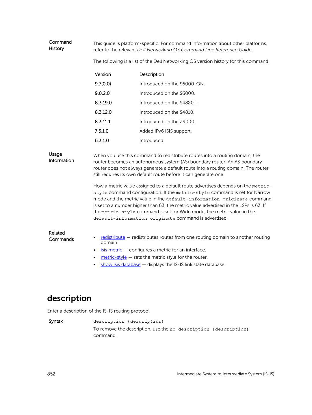 Dell 9.7(0.0) manual Enter a description of the IS-IS routing protocol 