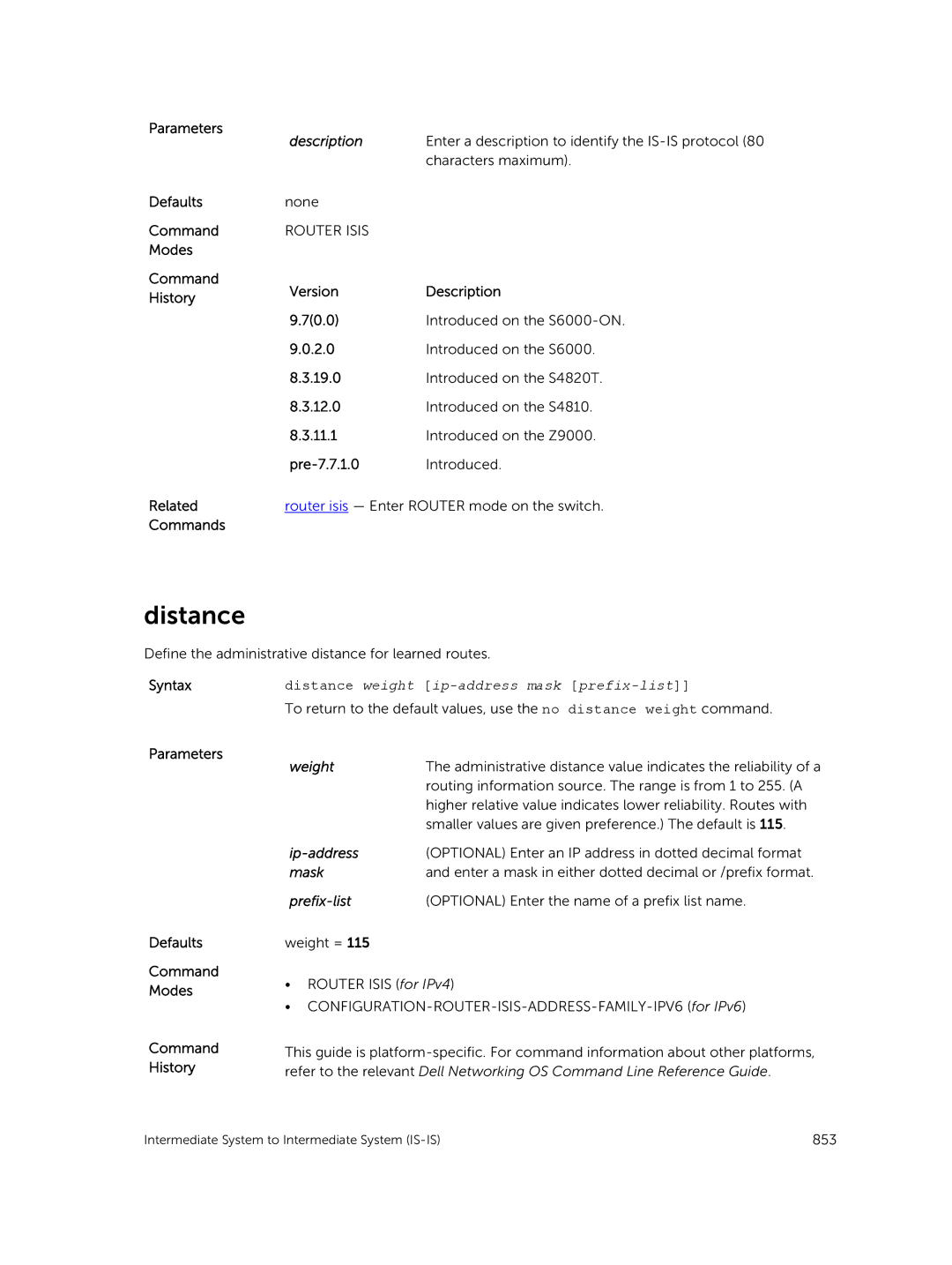 Dell 9.7(0.0) manual Distance, Enter a description to identify the IS-IS protocol 