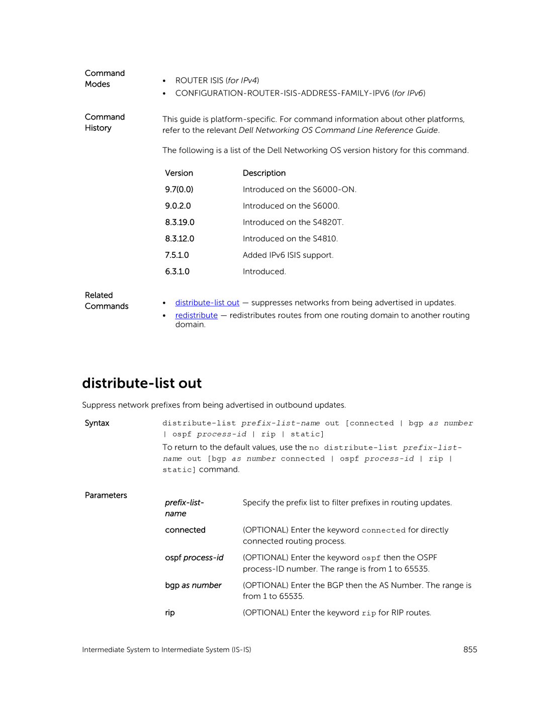 Dell 9.7(0.0) manual Distribute-list out, Command Modes Command History Related Commands, Ospf process-id, Bgp as number 