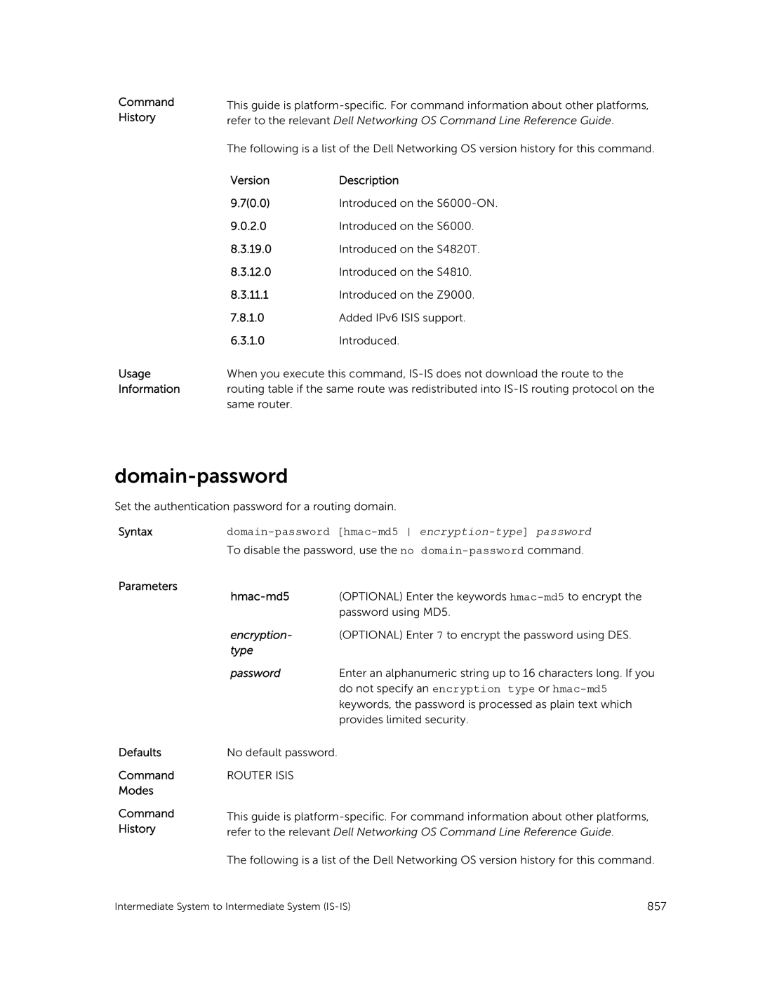 Dell 9.7(0.0) manual Domain-password hmac-md5 encryption-type password, Do not specify an encryption type or hmac-md5 