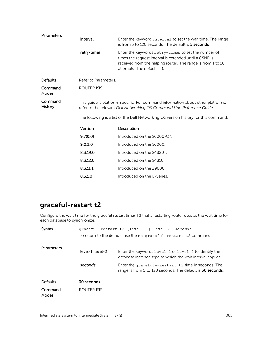 Dell 9.7(0.0) manual Retry-times, Graceful-restart t2 level-1 level-2 seconds, Parameters Level-1, level-2 