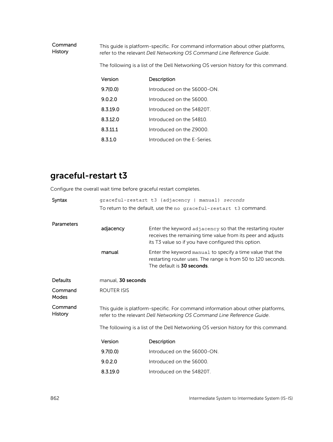 Dell 9.7(0.0) Graceful-restart t3 adjacency manual seconds, Adjacency, Manual 