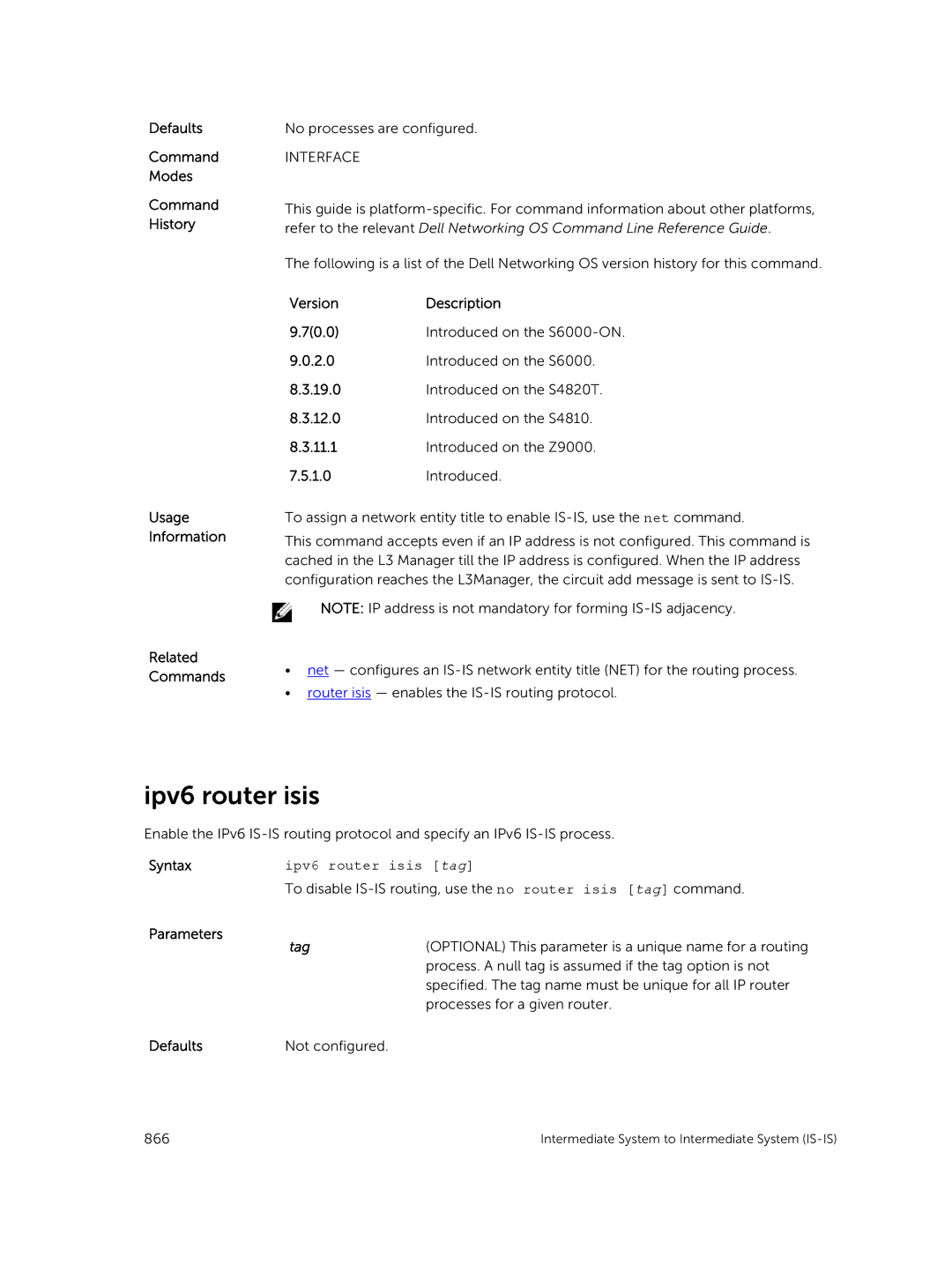 Dell 9.7(0.0) manual Ipv6 router isis tag 