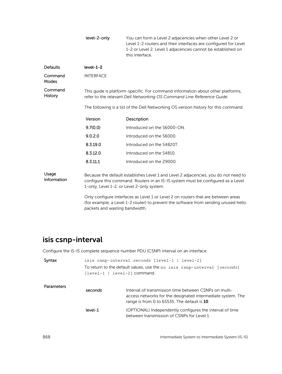 Dell 9.7(0.0) manual Isis csnp-interval seconds level-1 level-2, Level-1 level-2 command 