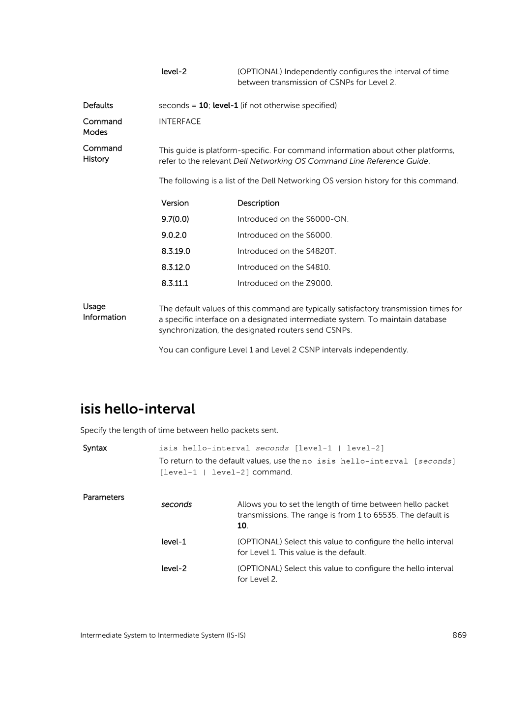 Dell 9.7(0.0) manual Isis hello-interval seconds level-1 level-2 