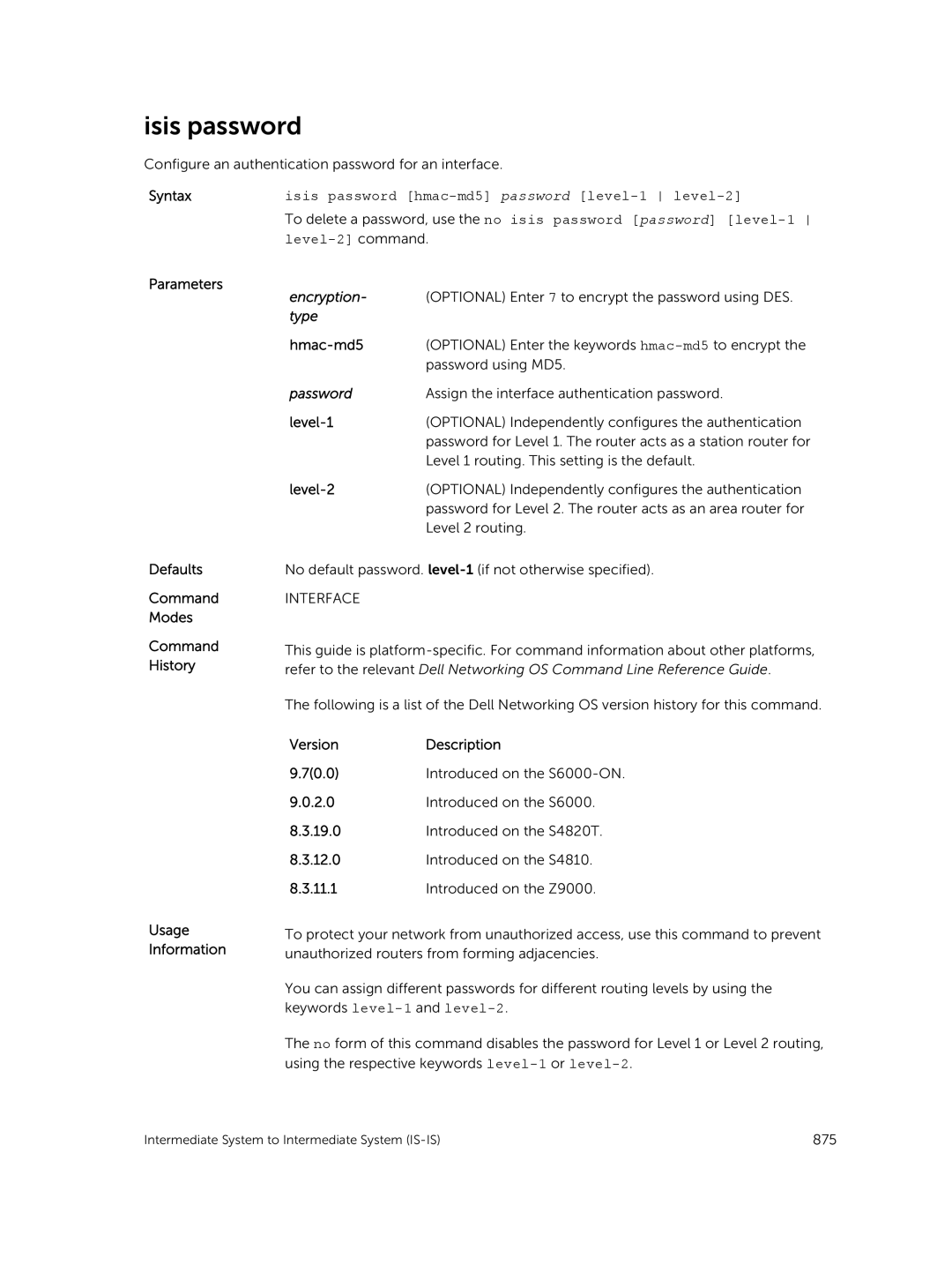 Dell 9.7(0.0) manual Isis password, Syntaxisis password hmac-md5 password level-1 level-2 