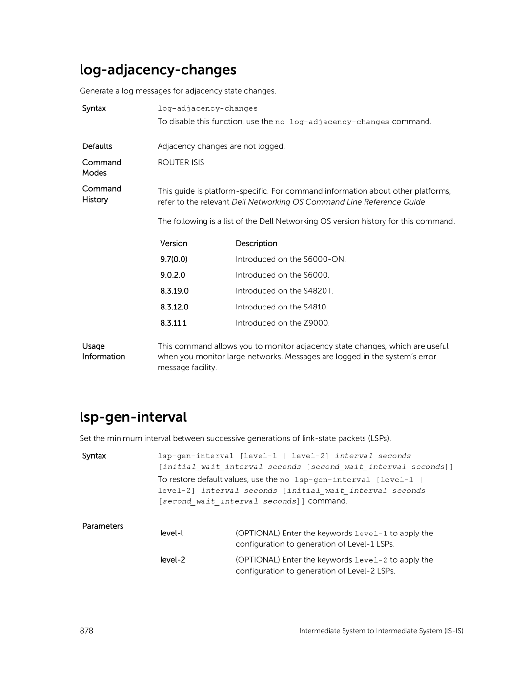 Dell 9.7(0.0) manual Log-adjacency-changes, Lsp-gen-interval, Level-l 