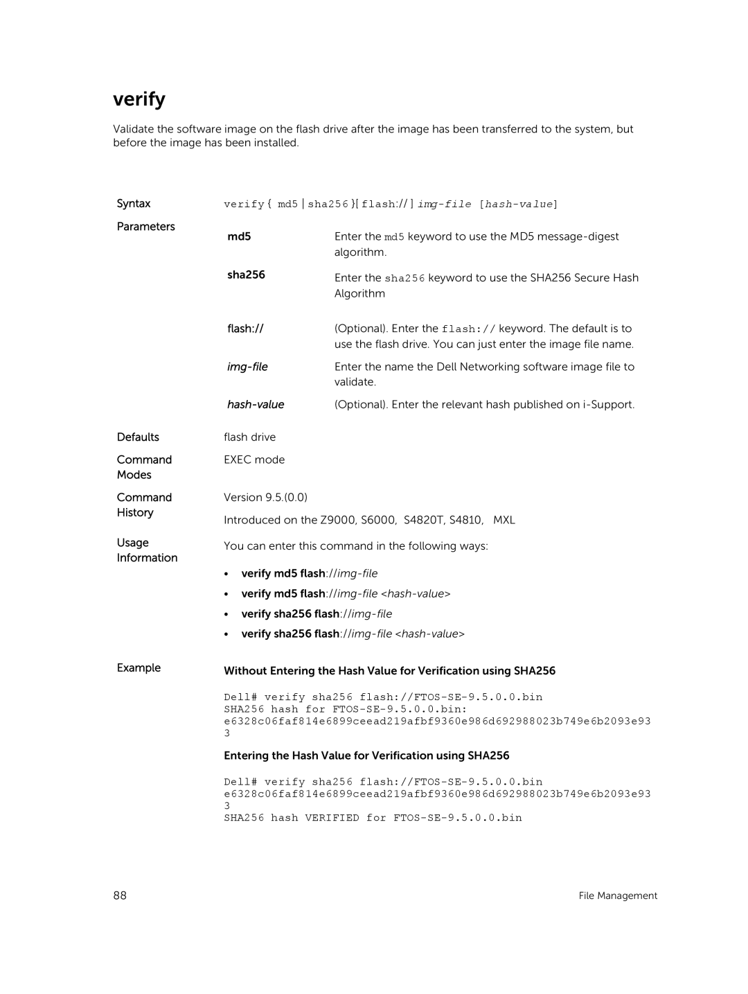 Dell 9.7(0.0) manual Verify md5 sha256 flash// img-filehash-value, Img-file, Hash-value 