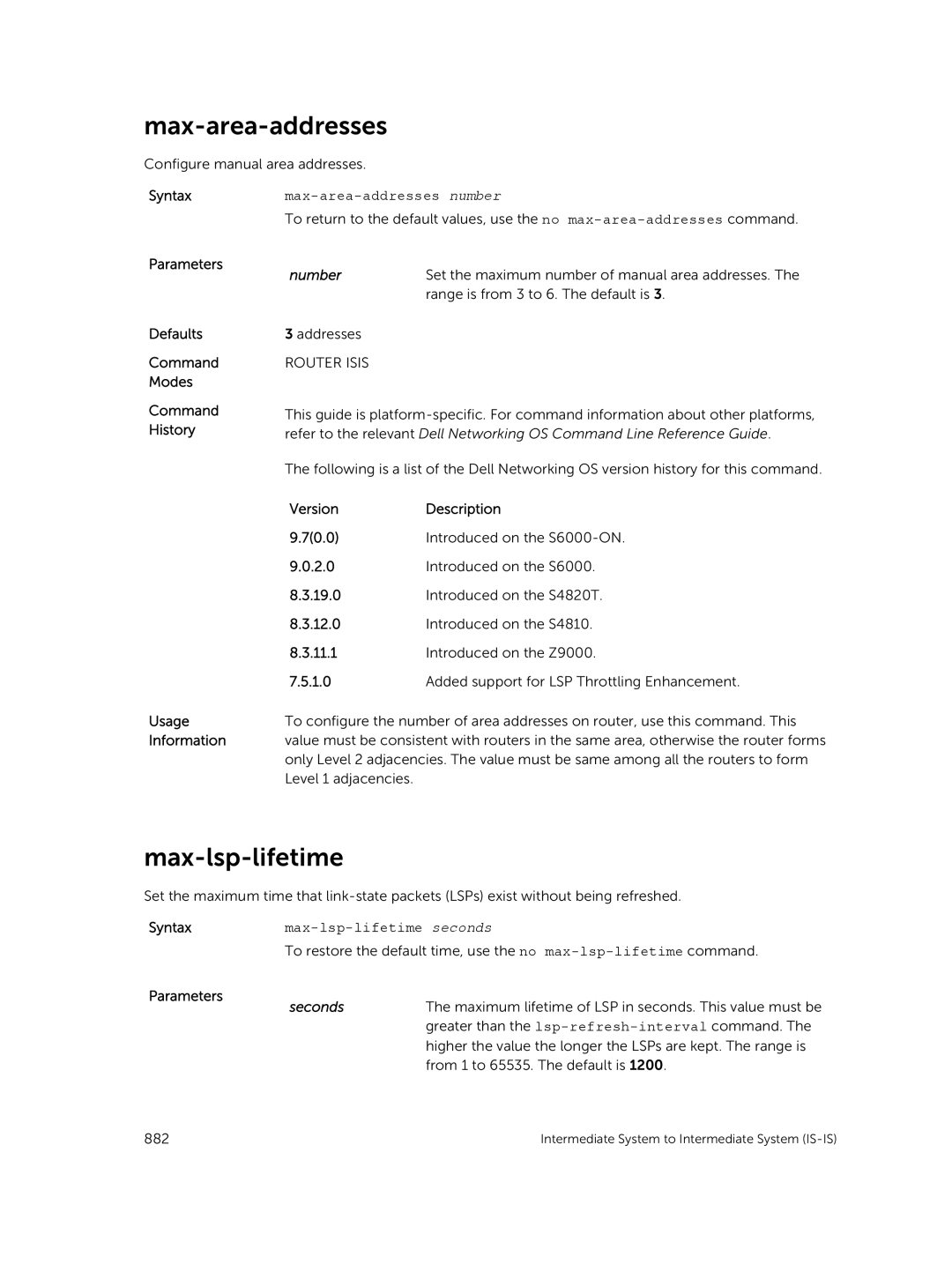 Dell 9.7(0.0) manual Max-area-addresses number, Max-lsp-lifetime seconds 