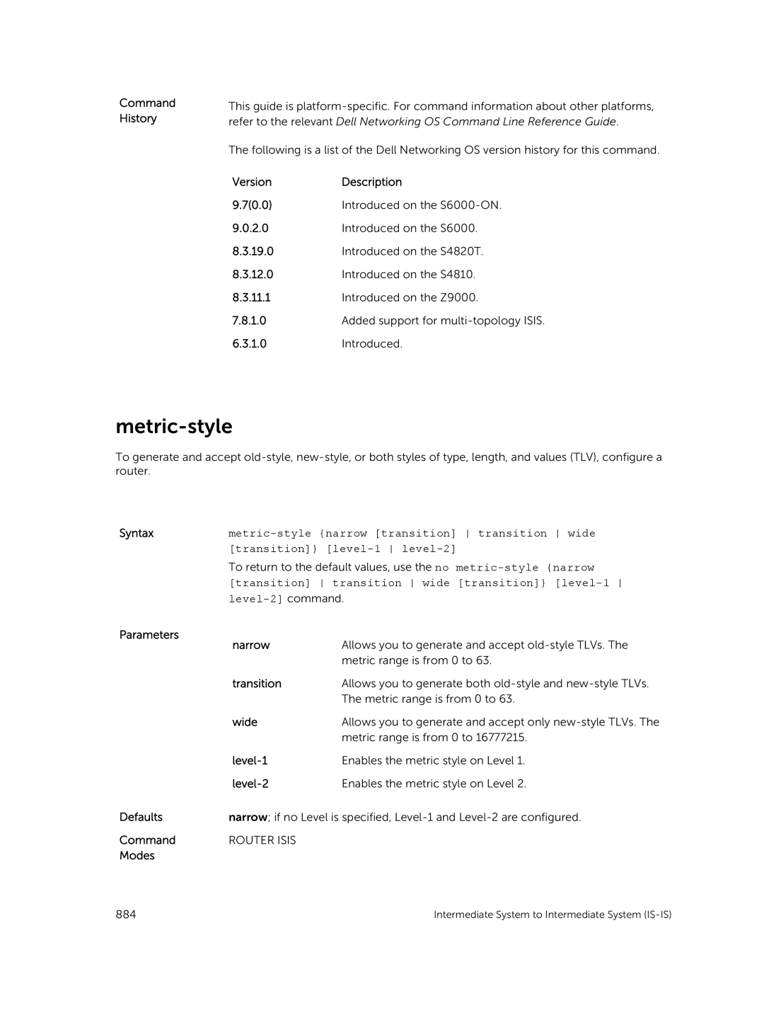 Dell 9.7(0.0) manual Metric-style, Parameters Narrow, Transition, Wide 