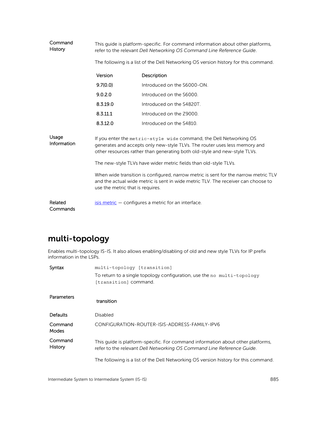 Dell 9.7(0.0) manual Multi-topology transition, Transition command, Parameters Transition Defaults 