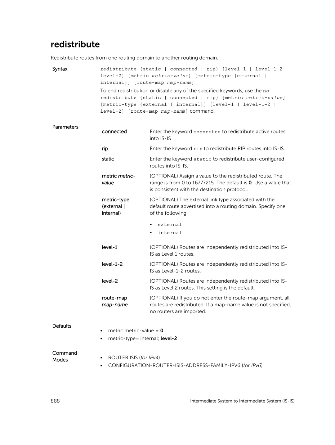 Dell 9.7(0.0) manual Redistribute, Parameters Defaults Command Modes Connected, Metric-type, Internal 