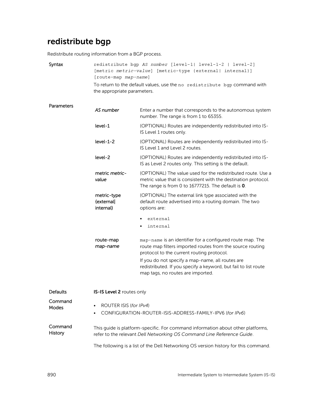 Dell 9.7(0.0) manual Redistribute bgp, AS number 