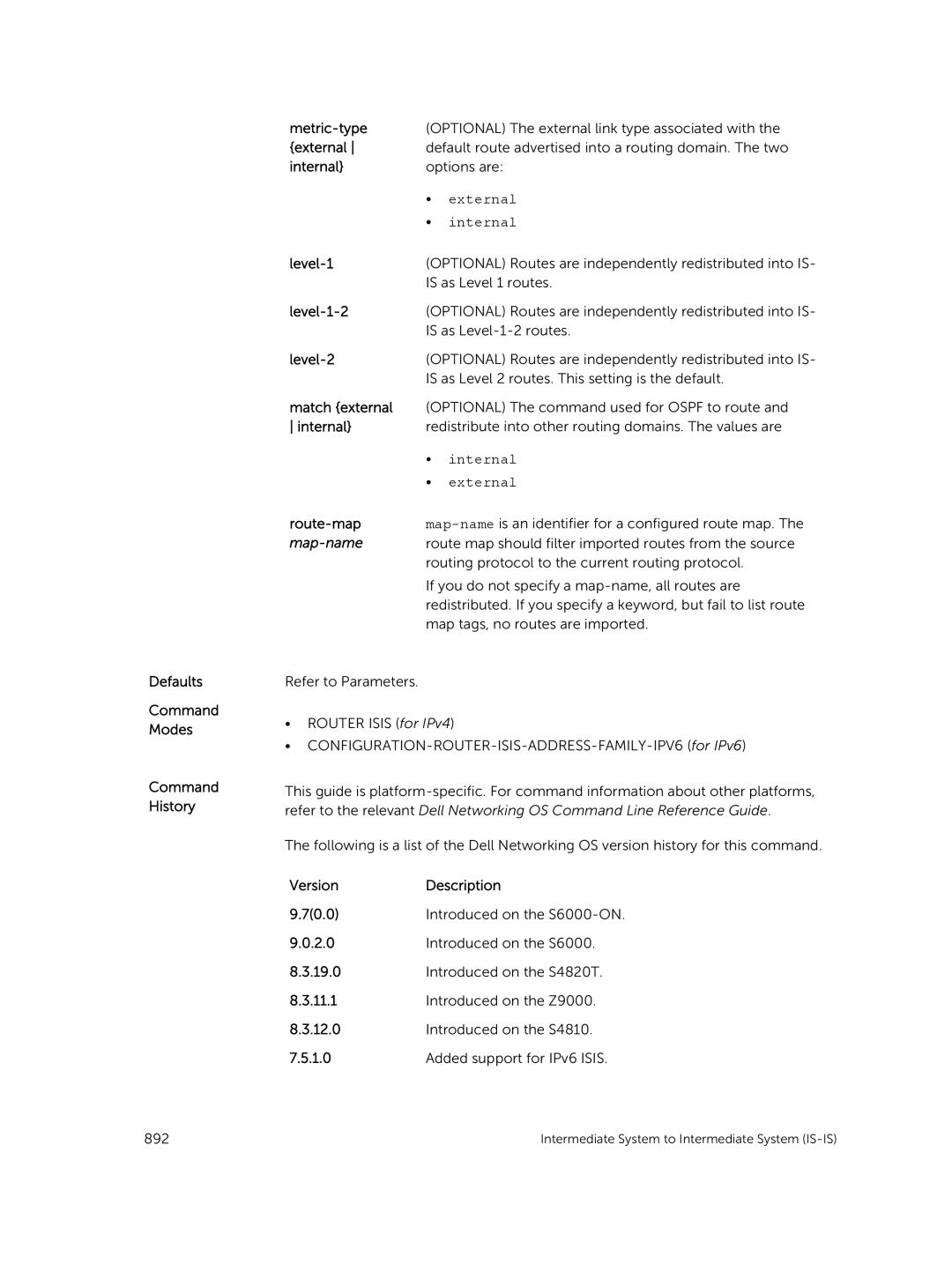 Dell 9.7(0.0) manual Defaults Command Modes Command History Metric-type, Match external 