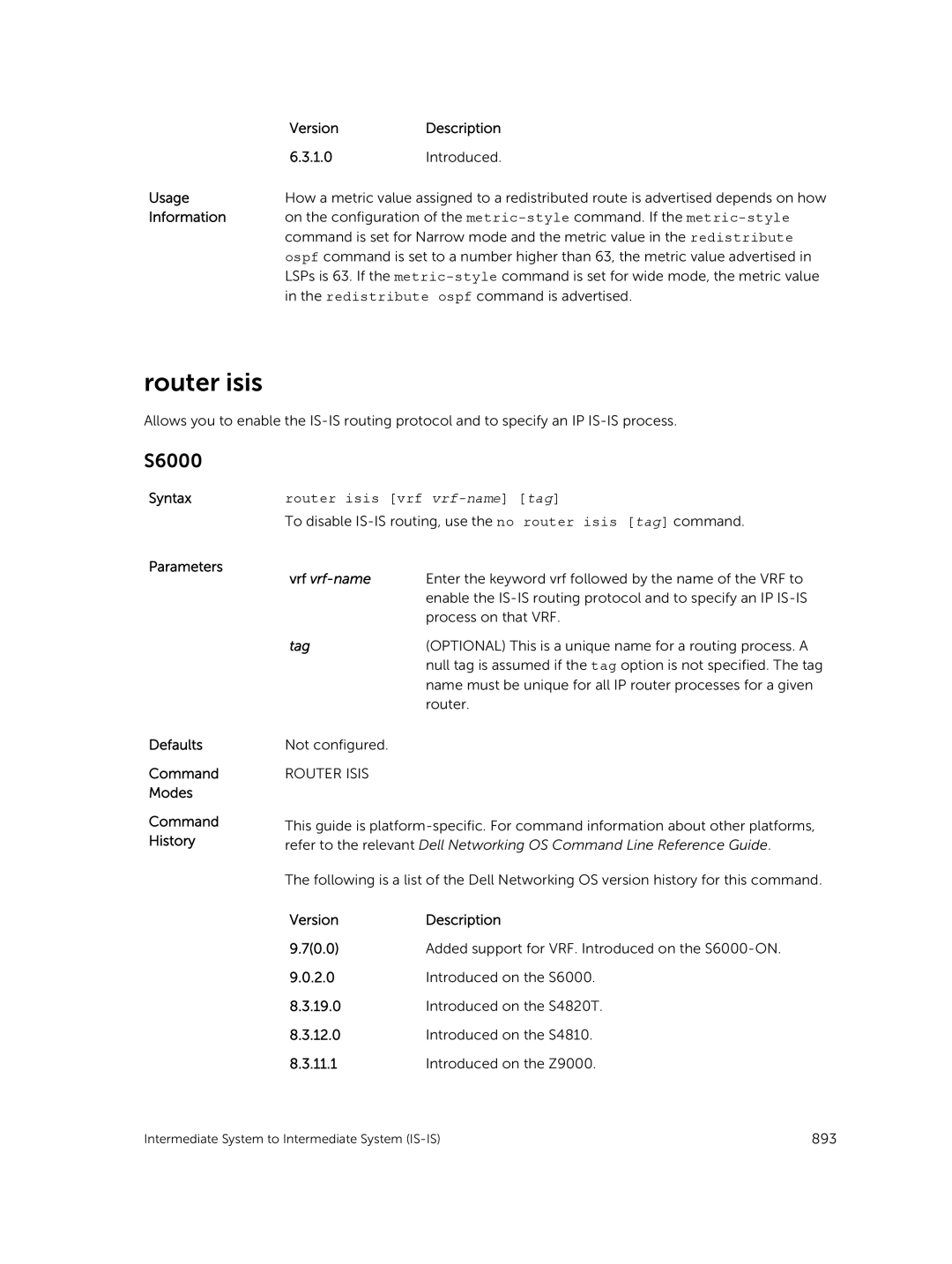 Dell 9.7(0.0) manual Version Description 1.0 Introduced Usage, Router isis vrf vrf-name tag 