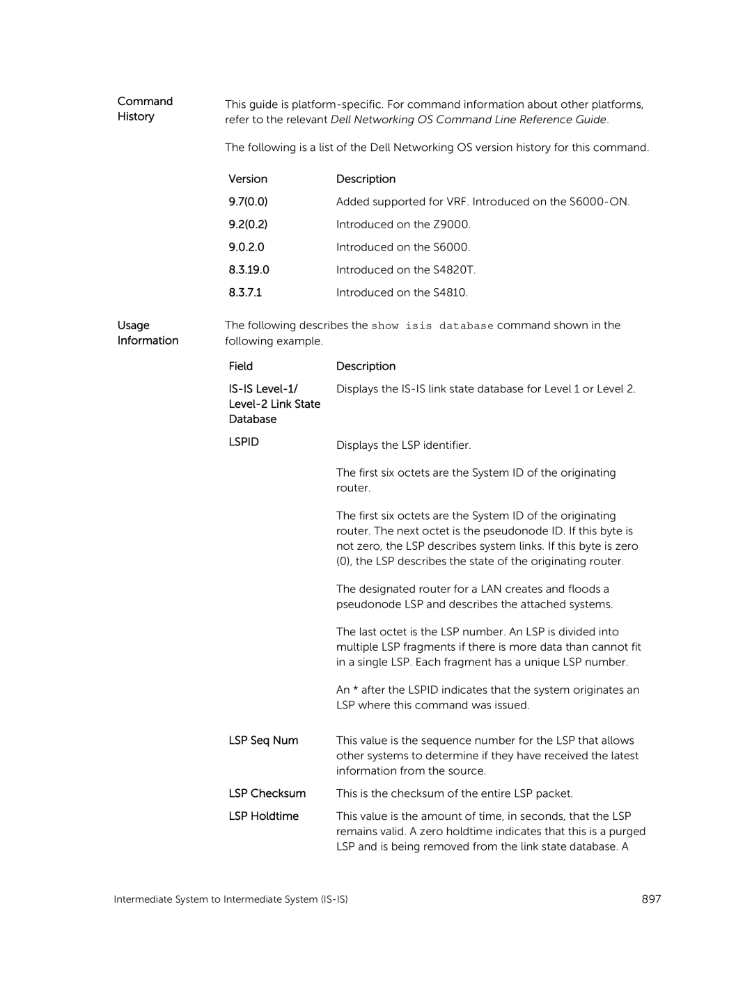 Dell 9.7(0.0) manual Field Description IS-IS Level-1, Level-2 Link State Database, LSP Seq Num, LSP Checksum, LSP Holdtime 