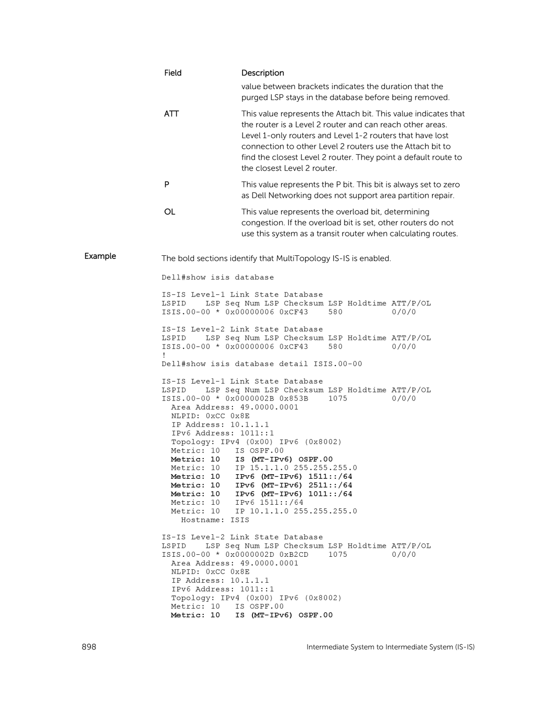 Dell 9.7(0.0) manual Lspid LSP, Seq Num LSP Checksum, Is OSPF.00, Metric Is MT-IPv6 OSPF.00, Metric IP 15.1.1.0 