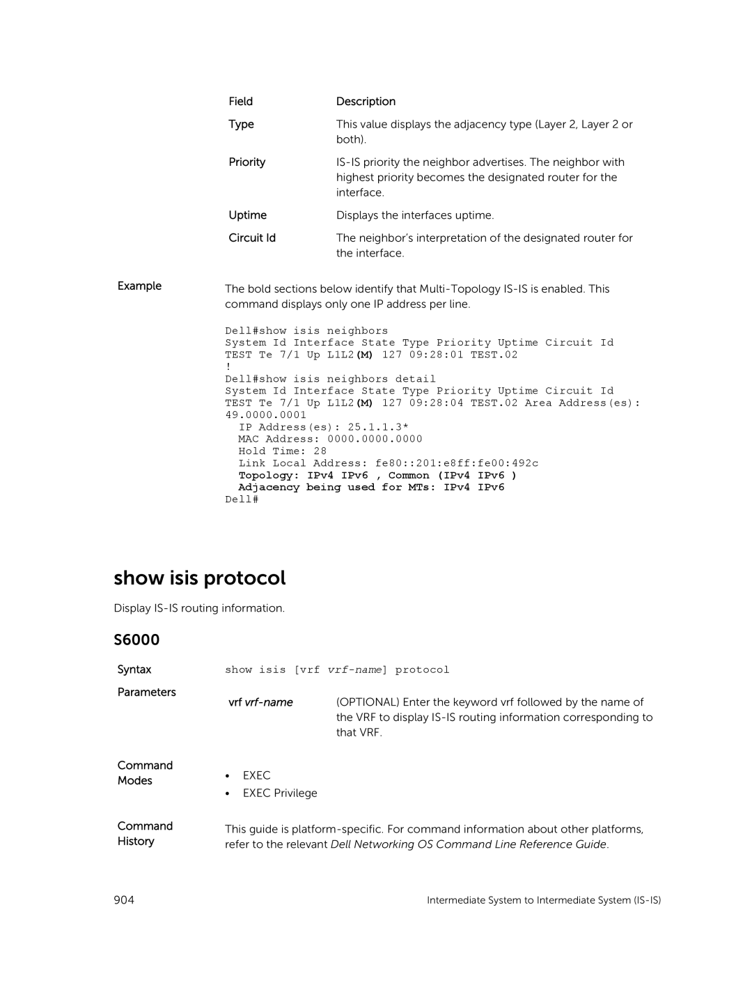 Dell 9.7(0.0) manual Show isis protocol, Field Description Type, Circuit Id, Show isis vrf vrf-name protocol 