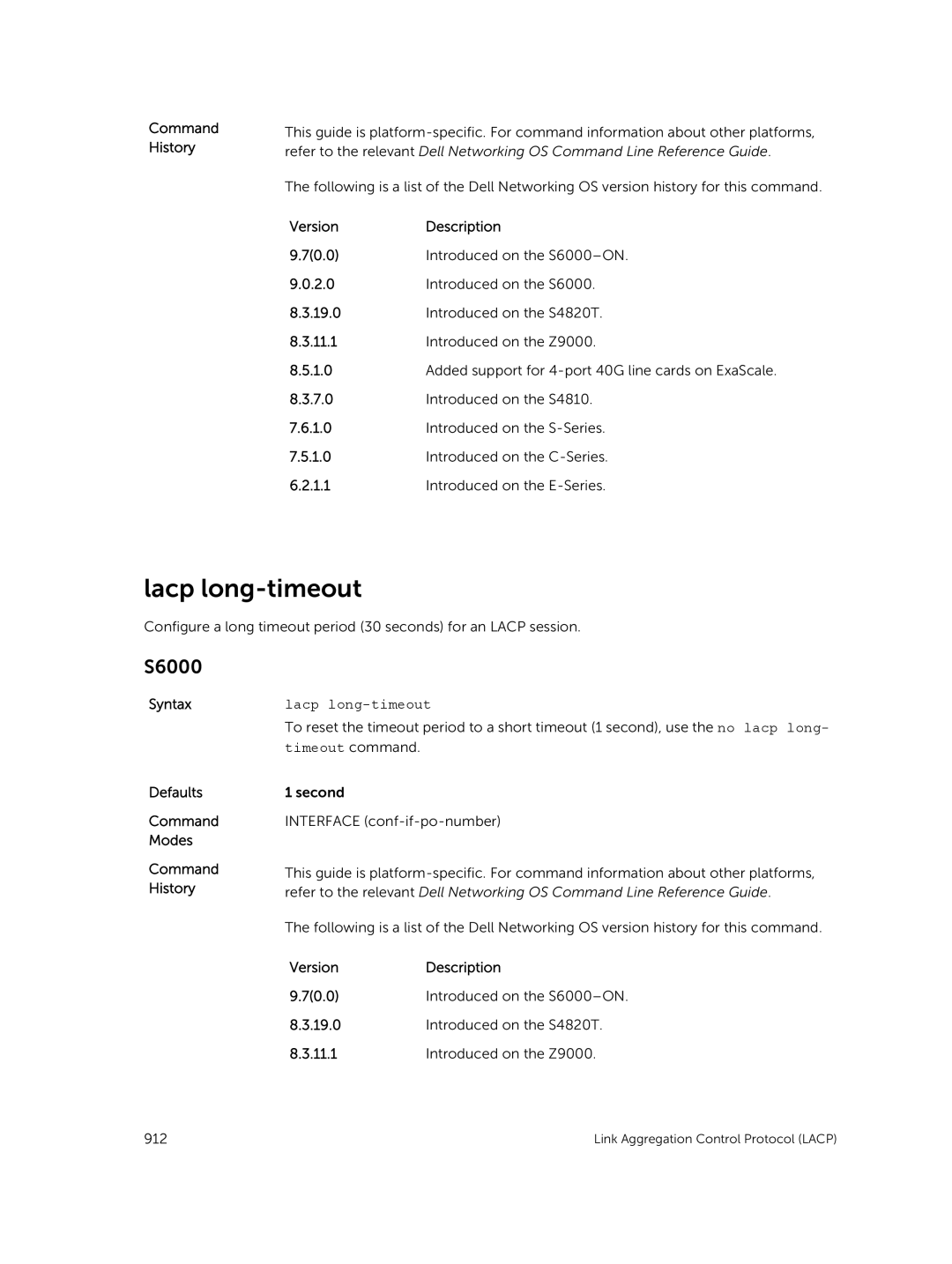 Dell 9.7(0.0) manual Lacp long-timeout, Timeout command 