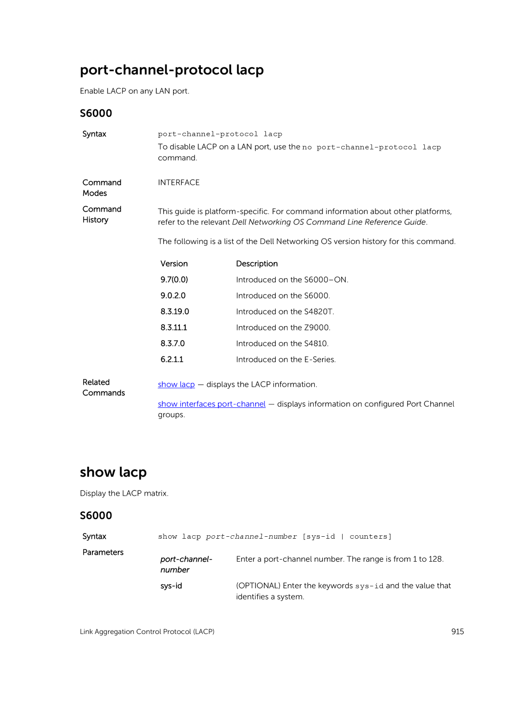 Dell 9.7(0.0) manual Port-channel-protocol lacp, Show lacp, Syntaxshow lacp port-channel-numbersys-id counters, Sys-id 