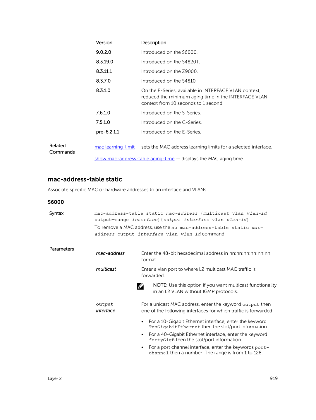 Dell 9.7(0.0) manual Mac-address-table static, Multicast 