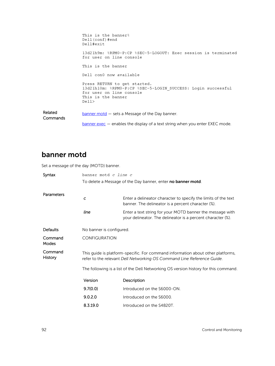 Dell 9.7(0.0) manual Banner motd c line c, Defaults Command Modes Command History 