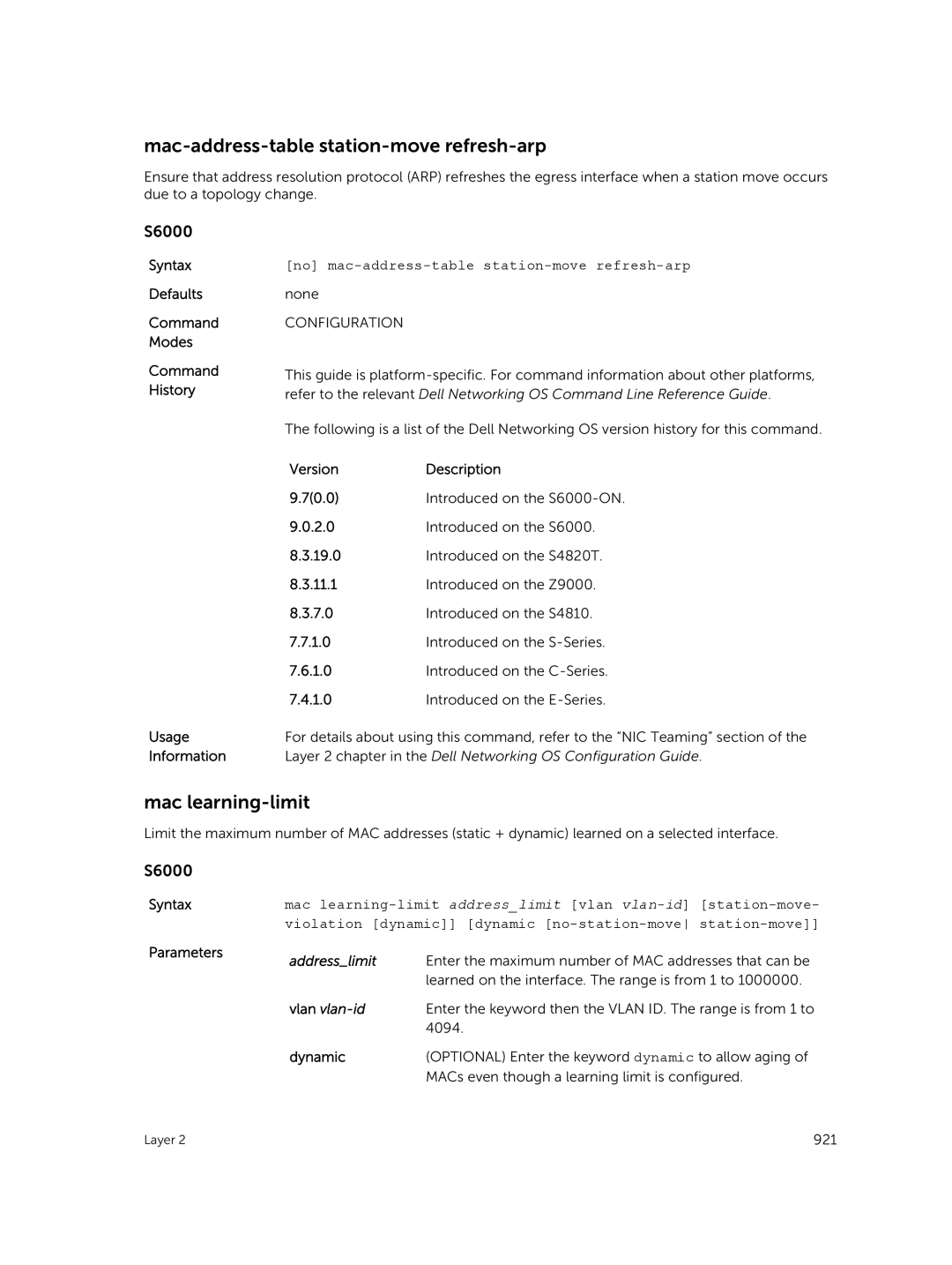 Dell 9.7(0.0) manual Mac-address-table station-move refresh-arp, Mac learning-limit, Addresslimit 