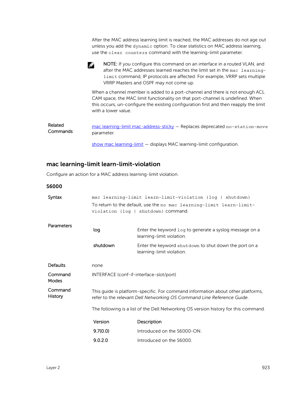 Dell 9.7(0.0) manual Mac learning-limit learn-limit-violation, Syntaxmac learning-limit learn-limit-violation log shutdown 