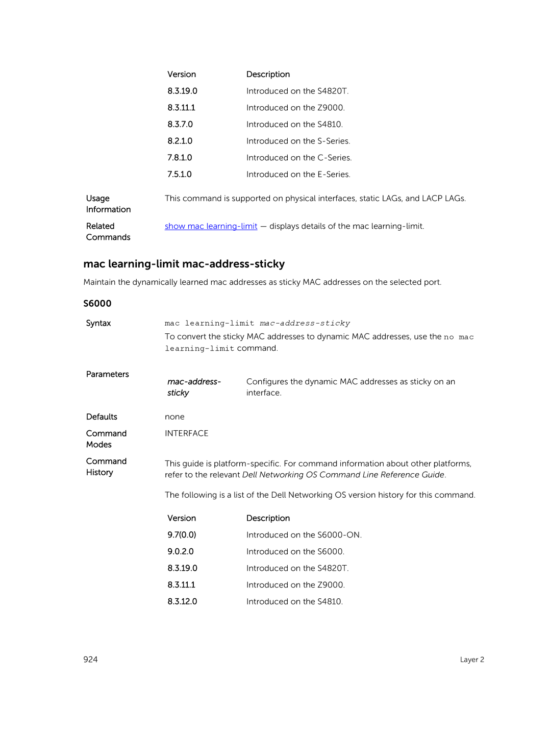 Dell 9.7(0.0) manual Mac learning-limit mac-address-sticky 