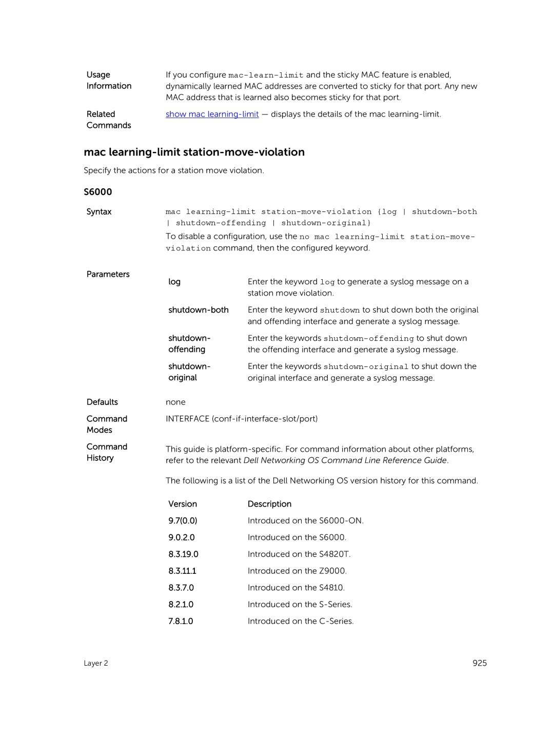 Dell 9.7(0.0) Mac learning-limit station-move-violation, Parameters Defaults Command Modes Command History Log, Offending 