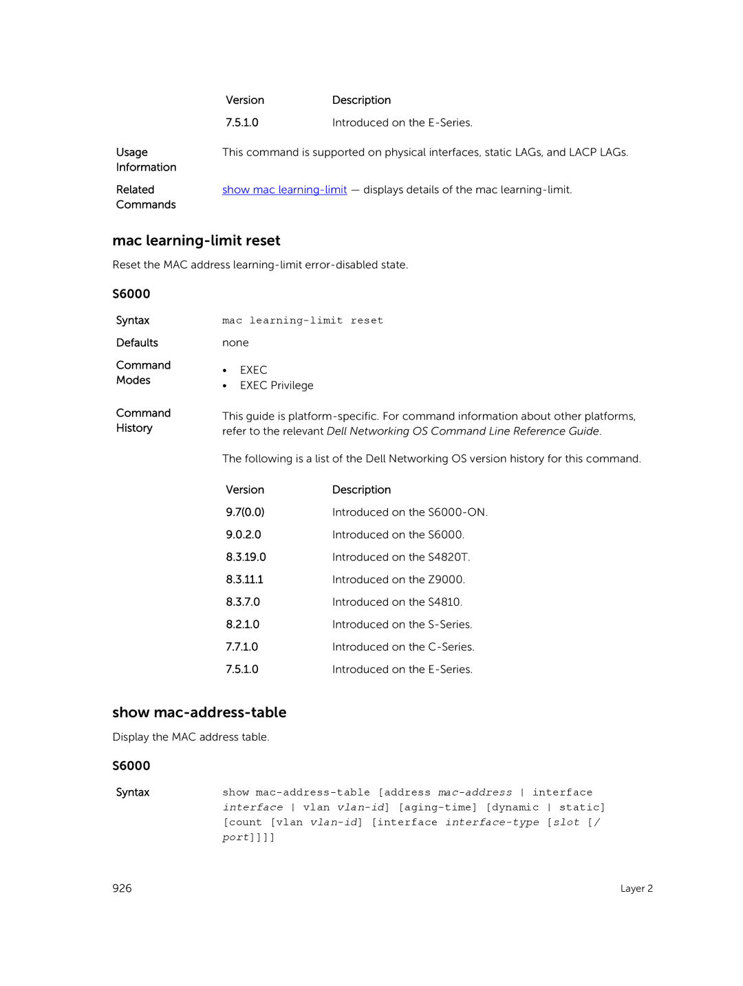 Dell 9.7(0.0) Mac learning-limit reset, Show mac-address-table, Version Description 1.0 Introduced on the E-Series Usage 